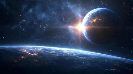 Obraz premium A celestial view of a planet with a bright star and a vast galaxy in the background.