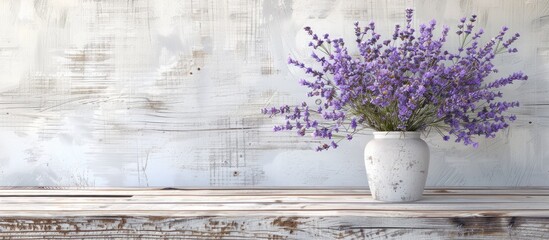 Lavender flowers in a bouquet against a white old wooden backdrop with dry sprigs on a table in a wooden setting with copy space image