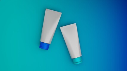 Blank white cosmetic tube mockup on blue background. 3D rendering
