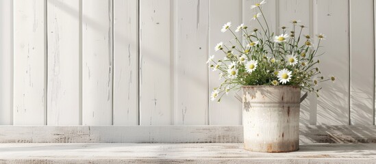 Fototapeta premium A serene summer scene with daisies arranged in a can against a white wall in a cozy cottage setting perfect as a copy space image
