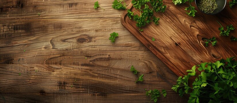 Top view of a wooden table with a cutting board cumin and parsley providing copy space for text