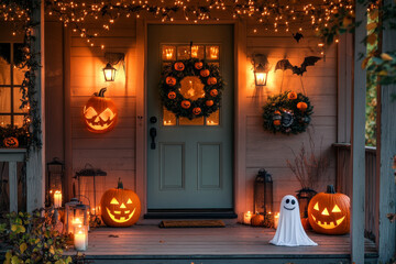 Obraz premium A charming Halloween porch decorated with smiling jack-o'-lanterns, cozy candle lanterns, friendly ghost figures, and a whimsical wreath on the door, all bathed in soft, warm lighting