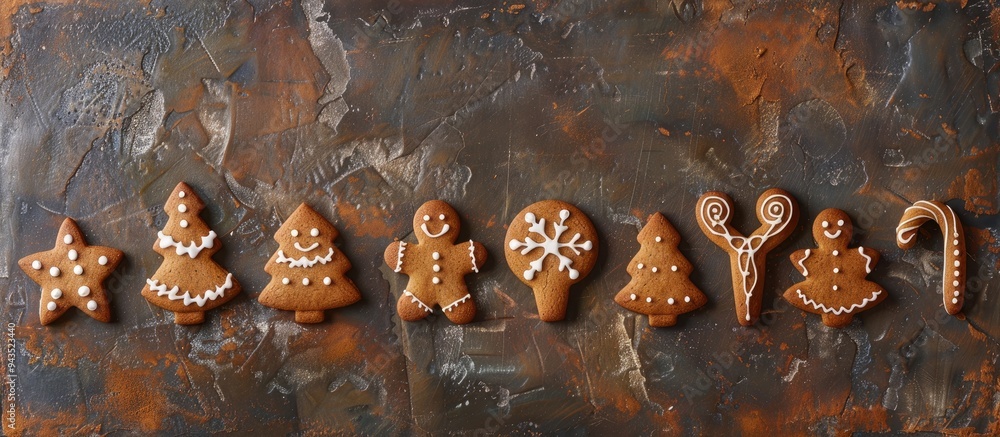 Poster a row of festive gingerbread cookies arranged neatly on a traditional backdrop presented from above 