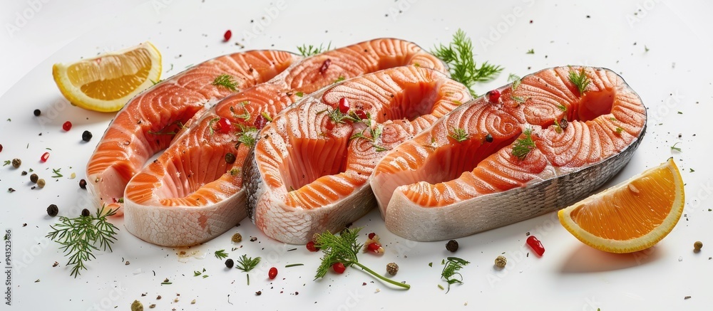 Poster salmon steaks baked and healthy displayed on a white background with room for text or images can be 