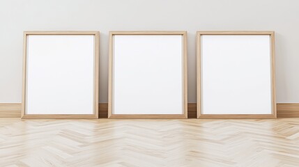 Three blank white posters in wooden frames, minimalistic interior with beige wall
