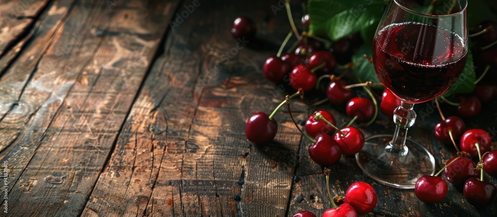 Aufkleber homemade cherry wine or liquor with ripe red cherries on table for copy space image