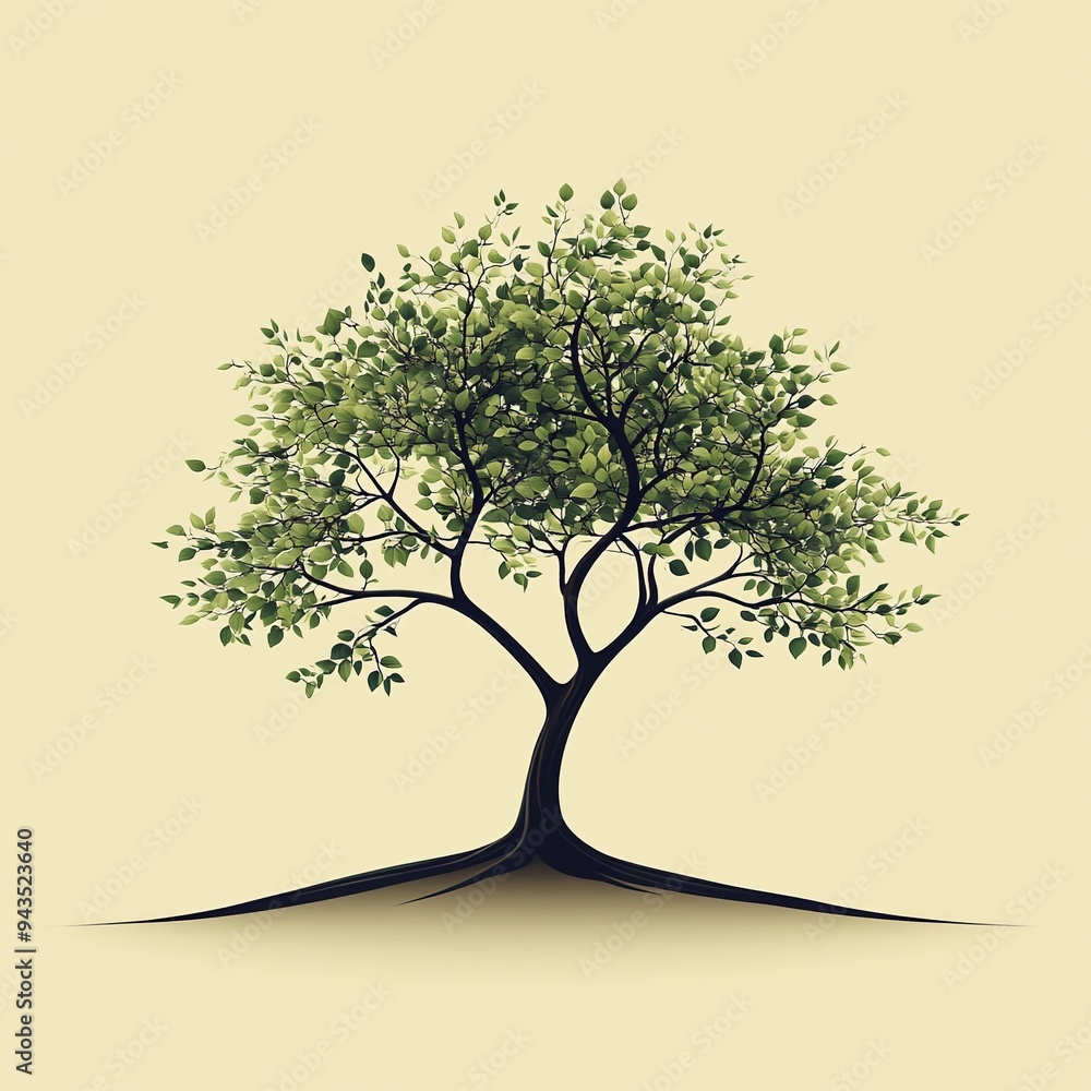 Aufkleber tree of life: a minimalist of a tree with spreading branches, its roots reaching deep into the groun