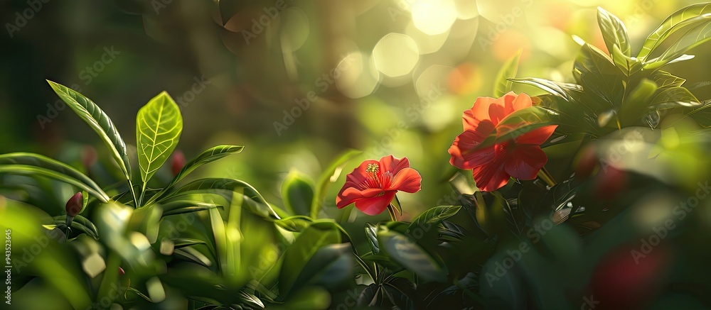 Poster close up of a small red flower in sunlight with a copy space image set against a backdrop of lush gr