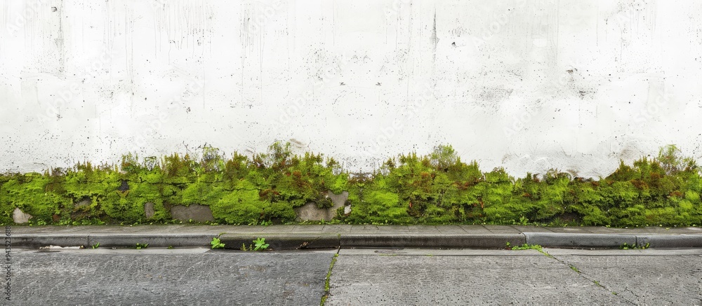 Aufkleber moss stained white plaster wall with a concrete sidewalk and asphalt road in front a house in the ba