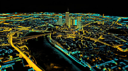 Obraz premium Technical aerial visual, 3D LiDAR GIS aerial map satellite scan model isolated, showing Frankfurt, Germany. Elevation, topography, render
