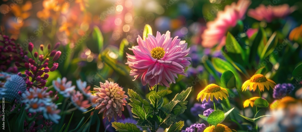 Aufkleber a vibrant garden filled with various summer flowers creating a scenic background with a focus on a s