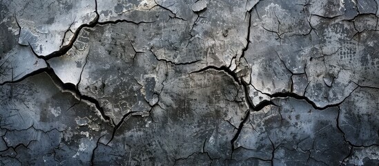 Obraz premium Abstract cement wall in dark grey displaying multiple cracks with copy space image