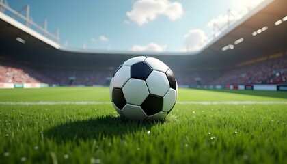 Naklejka premium Soccer ball on the green field in soccer stadium. ready for game in the midfield. 3D Illustration, football in ground, football background, game , football concept