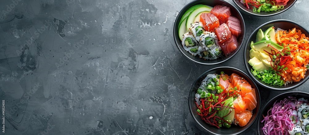 Aufkleber delicious poke bowls displayed on a textured gray background with copy space image