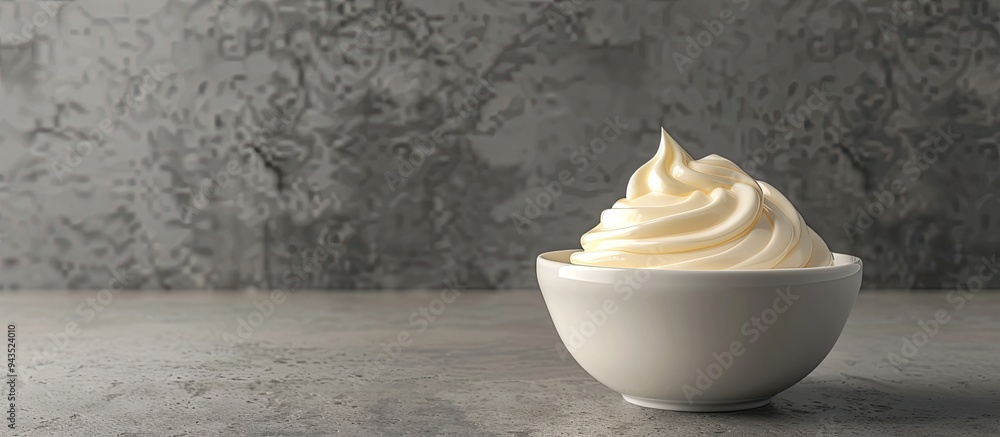 Poster fresh mayonnaise in a bowl on a grey background with copy space image