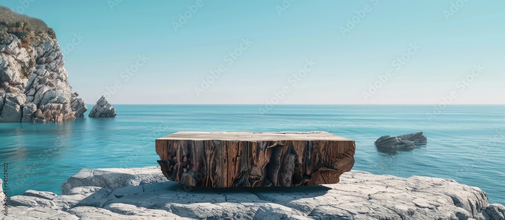 Aufkleber a picturesque wooden block crafted from a tree trunk serves as a table top against a scenic backdrop