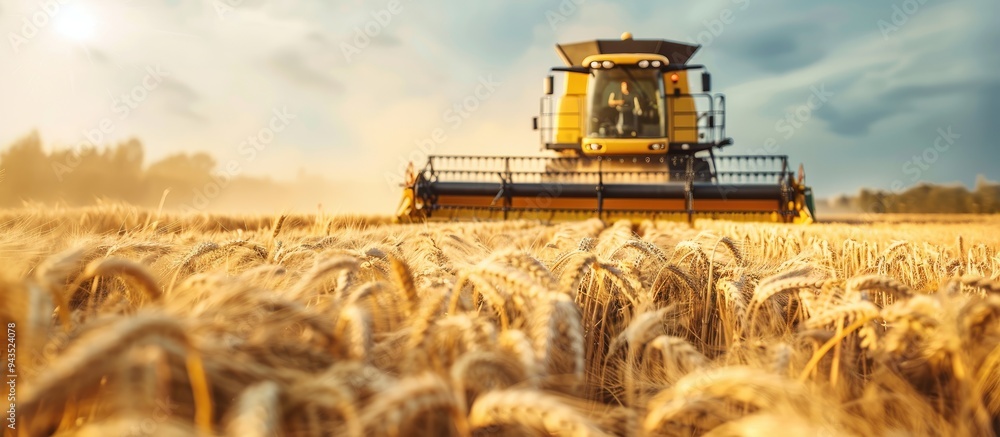 Poster A close up image of mature wheat in a farm field with a combine harvester in a blurred background providing ample copy space for additional elements