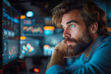 Focused software developer analyzing data metrics in a dark office, copy space for text