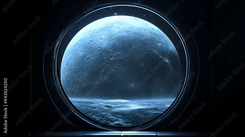 Poster a circular window on a spaceship, showing a blue moon and a starry sky.