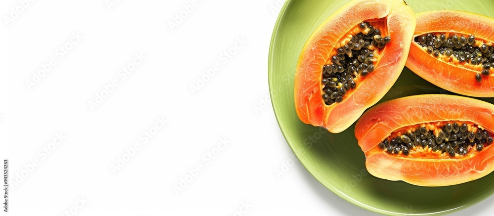 Poster freshly sliced papaya fruit on a green plate against a white backdrop with ample copy space image