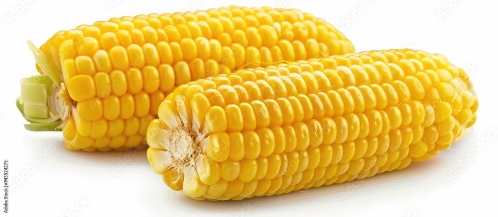 Poster fresh sweet corn with cracks set against a white backdrop providing copy space image