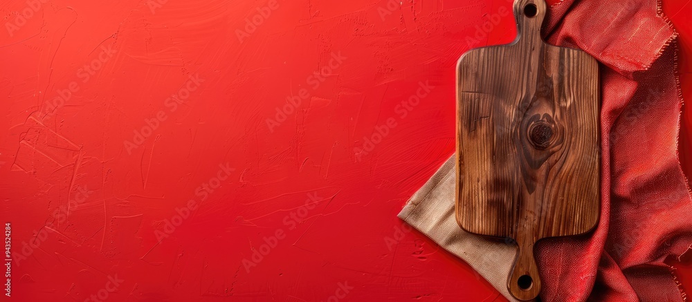 Leinwandbilder top view of a cutting board with a napkin on a colored background providing copy space image