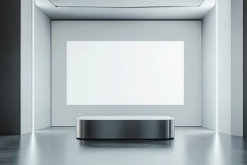 Modern metal podium in a minimalist conference room, projector screen behind, prepared for a business presentation, ample space for text on the right side