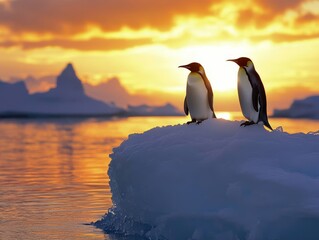 Obraz premium Majestic penguins on iceberg under stunning sunset in arctic s tranquil serenity landscape
