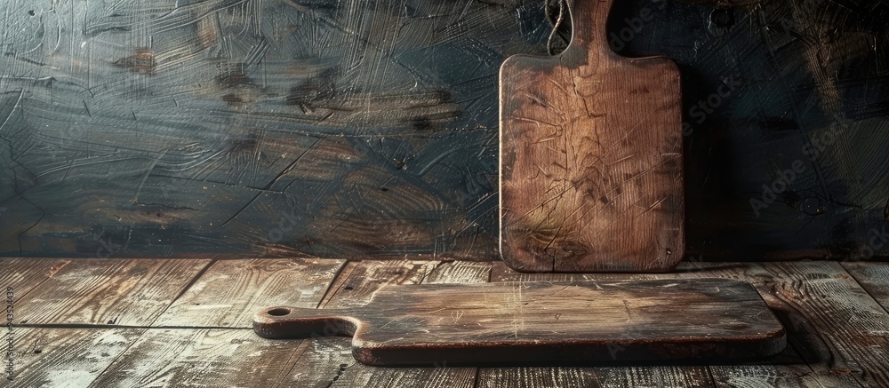 Aufkleber a battered cutting board rests on the floor in front of a rustic table with a copy space image