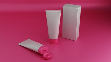 Blank cosmetic tube mockup on pink background. 3D rendering