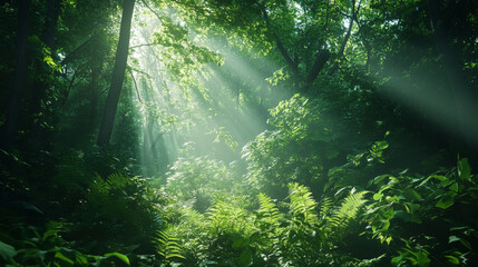 Fototapeta premium Lush green forest with sunlight filtering through the trees