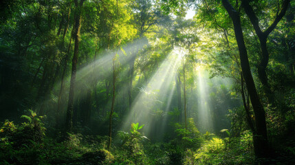 Obraz premium Lush green forest with sunlight filtering through the trees