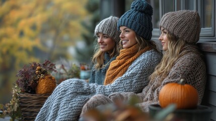 Obraz premium Friends relax on a cozy porch in warm blankets, enjoying a fall day with pumpkins and colorful autumn leaves nearby
