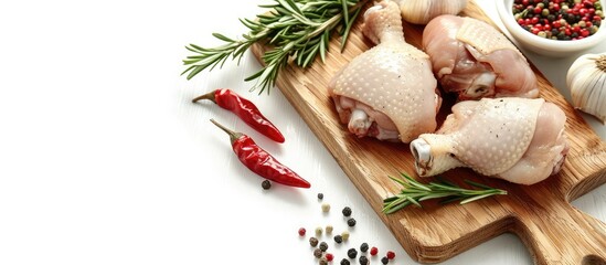 Food ingredients like raw chicken thigh garlic red pepper and rosemary on a wooden cutting board arranged for cooking on a white background with copy space image