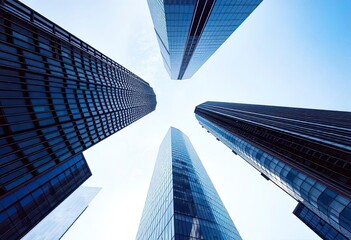 Looking Up modern high-rise office buildings with blue sky in the background, ai