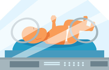 Newborn baby is sleeping in an incubator in a hospital neonatal intensive care unit