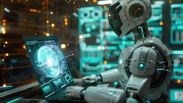 concept of AI helping people, cooperation at work with modern futuristic background