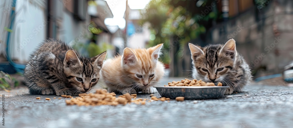 Poster three cats with a copy space image enjoying food on the ground