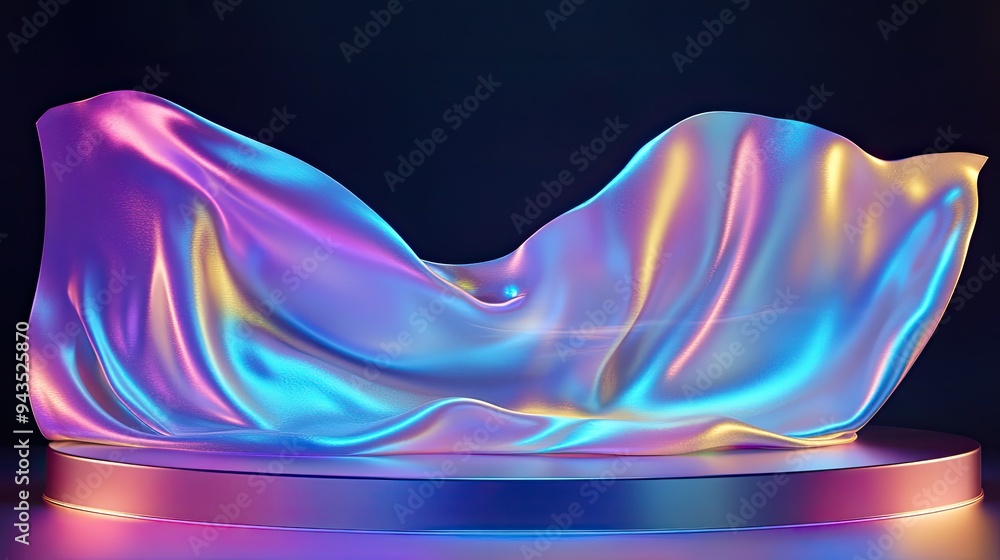 Poster abstract podium with flowing iridescent holographic fabric texture, creating a surreal and modern 3d