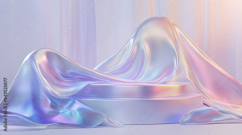 Poster abstract podium with flowing iridescent holographic fabric texture, creating a surreal and modern 3d