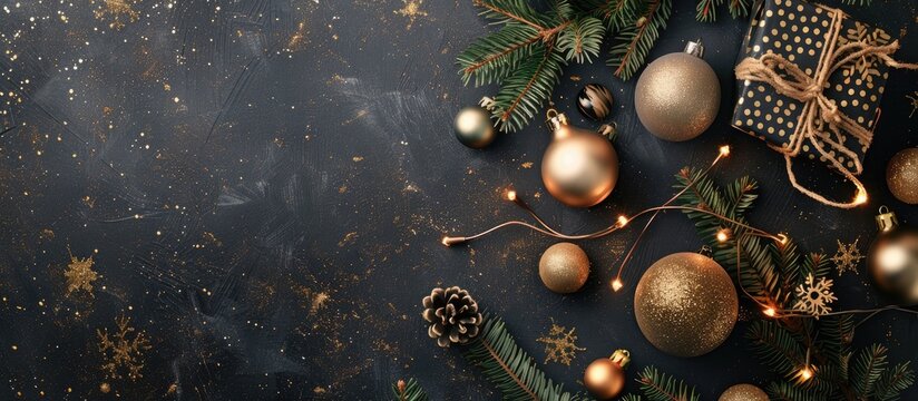 Elegant Christmas table arrangement featuring gold and black decor a present and pine branch on a flat lay offering a top view with copy space image included