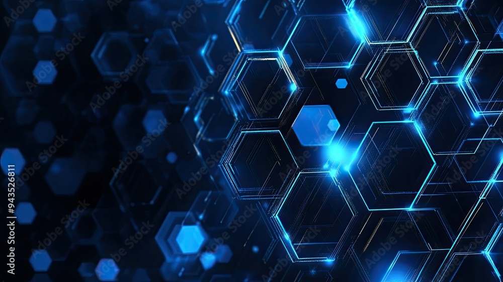 Poster abstract technology background featuring a network of blue hexagonal shapes, with futuristic lines a