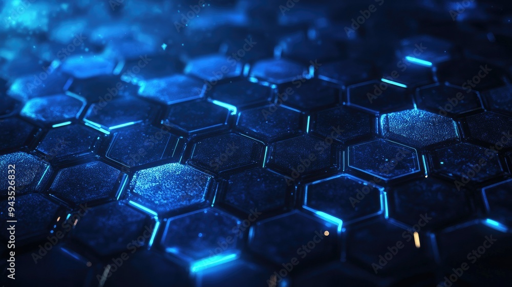 Poster abstract technology background featuring a network of blue hexagonal shapes, with futuristic lines a
