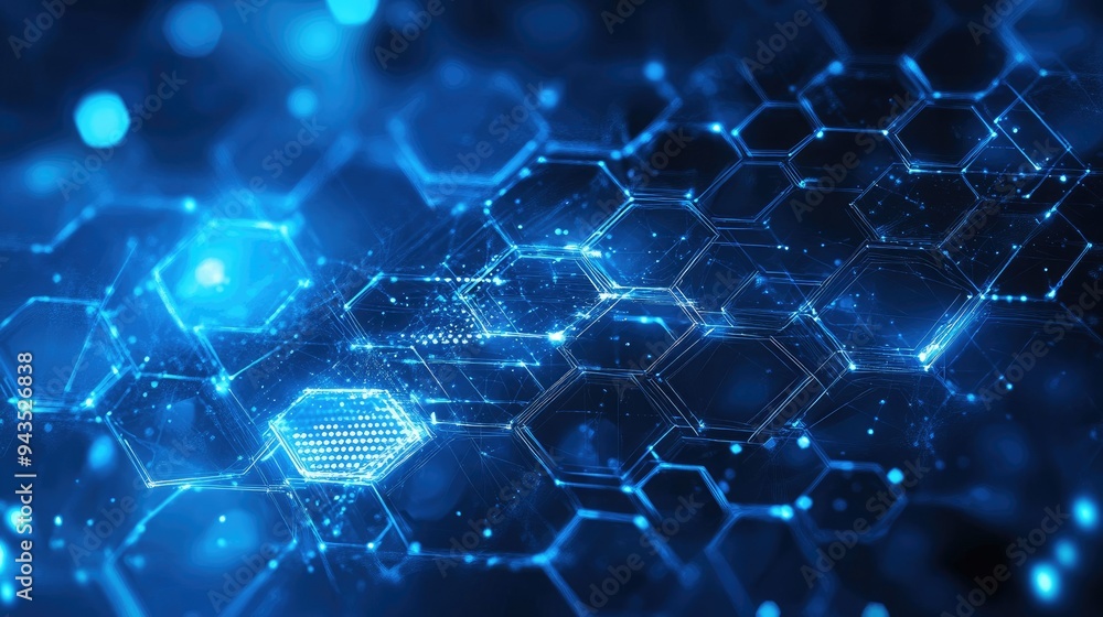 Poster abstract technology background featuring a network of blue hexagonal shapes, with futuristic lines a