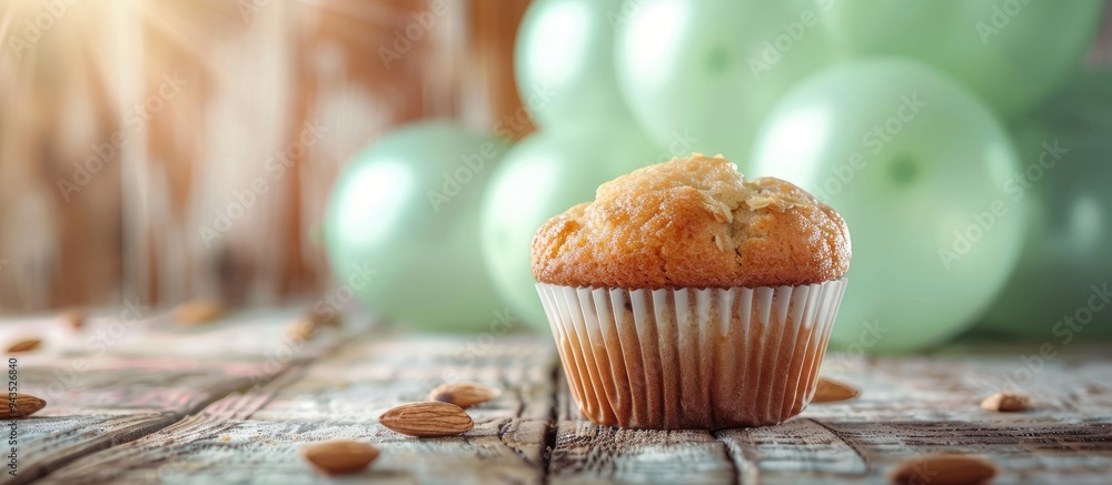 Aufkleber almond muffin on a wooden surface with a background of blurred green balloons providing a rustic atm