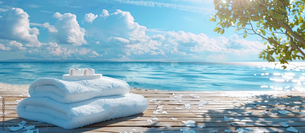 Aufkleber a serene beach scene with a wooden table and white towels offering copy space image against a backdr