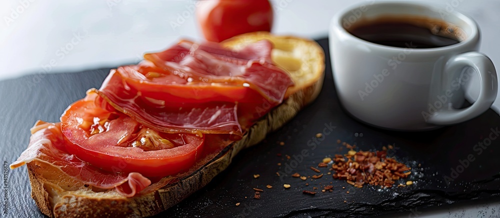 Poster A Spanish lunch composed of a slice of bread topped with tomato and Iberian ham served with a cup of coffee displayed on a black board against a white background as a copy space image