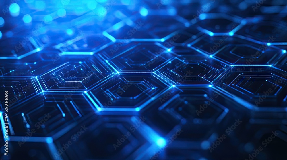 Poster abstract technology background featuring a complex network of hexagons and digital lines, with a vib