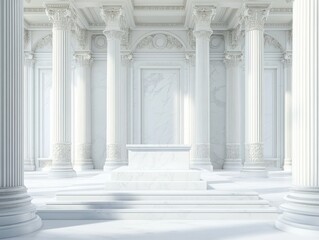 Obraz premium White Marble Podium in Neoclassical Palace, elegant podium set against grand columns, intricate details adorn the surroundings, ample space for text on the left side