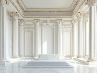 Obraz premium Marble Podium in Neoclassical Palace, elegant white marble podium set within a grand neoclassical palace featuring towering columns and intricate detailing, ample space for text on the left